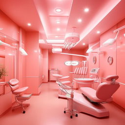 A large dental center predominantly featuring shades of pink. The center includes state-of-the-art equipment, elegantly designed reception and waiting areas, treatment rooms with pink walls and seats, and soft lighting for a comforting ambiance.