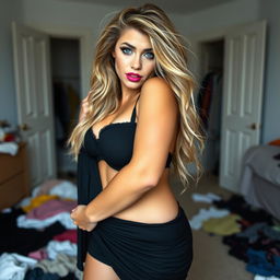 A full length photographic image of a beautiful, curvy 18-year-old woman with very thick, long, messy dirty blonde hair
