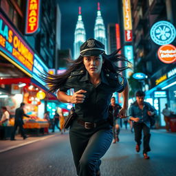 An intense night scene set in Kuala Lumpur, featuring a policewoman with striking black hair, sprinting after criminals down a vibrant urban street