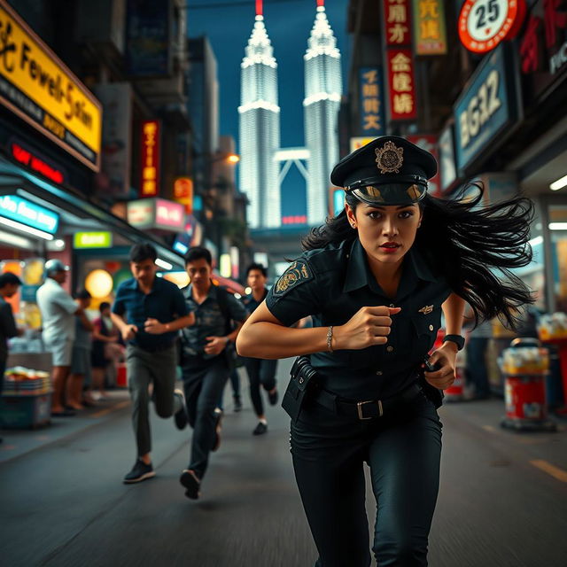 An intense night scene set in Kuala Lumpur, featuring a policewoman with striking black hair, sprinting after criminals down a vibrant urban street