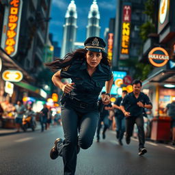 An intense night scene set in Kuala Lumpur, featuring a policewoman with striking black hair, sprinting after criminals down a vibrant urban street