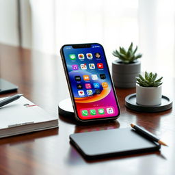 A sleek and modern iPhone 15 placed elegantly on a polished wooden desk, with soft natural light streaming through a nearby window