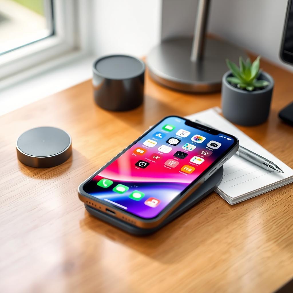A sleek and modern iPhone 15 placed elegantly on a polished wooden desk, with soft natural light streaming through a nearby window