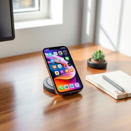 A sleek and modern iPhone 15 placed elegantly on a polished wooden desk, with soft natural light streaming through a nearby window