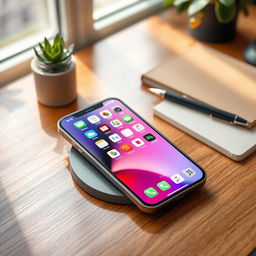 A sleek and modern iPhone 15 placed elegantly on a polished wooden desk, with soft natural light streaming through a nearby window