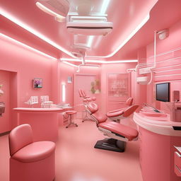 A large dental center predominantly featuring shades of pink. The center includes state-of-the-art equipment, elegantly designed reception and waiting areas, treatment rooms with pink walls and seats, and soft lighting for a comforting ambiance.