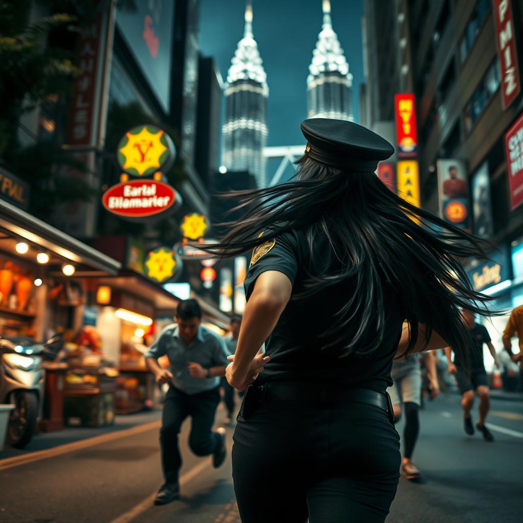 An action-packed night scene in Kuala Lumpur, showcasing a policewoman with long black hair flowing behind her as she runs vigorously after a group of criminals