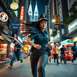 An action-packed night scene in Kuala Lumpur, showcasing a policewoman with long black hair flowing behind her as she runs vigorously after a group of criminals