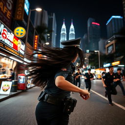 An action-packed night scene in Kuala Lumpur, showcasing a policewoman with long black hair flowing behind her as she runs vigorously after a group of criminals
