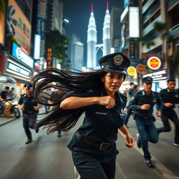 An action-packed night scene in Kuala Lumpur, showcasing a policewoman with long black hair flowing behind her as she runs vigorously after a group of criminals