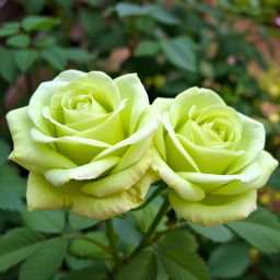 Two beautiful green roses in full bloom, showcasing delicate petals with subtle hints of varying shades of green and soft white highlights