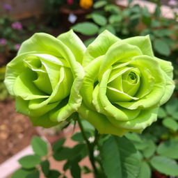 Two beautiful green roses in full bloom, showcasing delicate petals with subtle hints of varying shades of green and soft white highlights