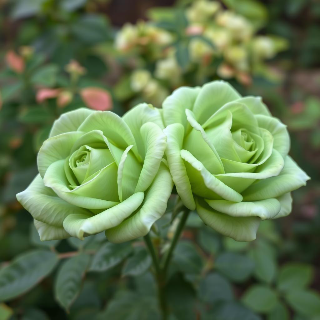Two beautiful green roses in full bloom, showcasing delicate petals with subtle hints of varying shades of green and soft white highlights