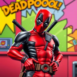 Deadpool, in his iconic red and black suit, humorously looking inside his own pants with a mischievous expression, holding one hand on his hip and the other peeking down curiously