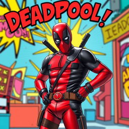 Deadpool, in his iconic red and black suit, humorously looking inside his own pants with a mischievous expression, holding one hand on his hip and the other peeking down curiously