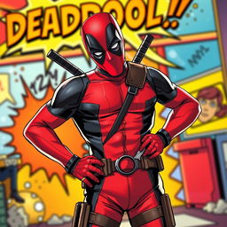 Deadpool, in his iconic red and black suit, humorously looking inside his own pants with a mischievous expression, holding one hand on his hip and the other peeking down curiously