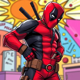 Deadpool, in his iconic red and black suit, humorously looking inside his own pants with a mischievous expression, holding one hand on his hip and the other peeking down curiously