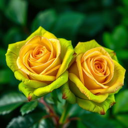 A stunning arrangement of two intense, bright green roses, showcasing their vivid color and intricate petal details