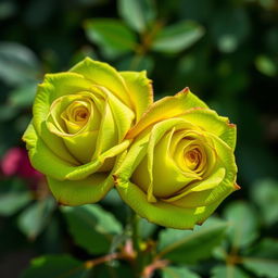A stunning arrangement of two intense, bright green roses, showcasing their vivid color and intricate petal details