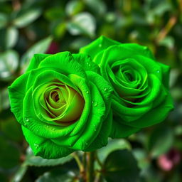 A stunning arrangement of two intense, bright green roses, showcasing their vivid color and intricate petal details
