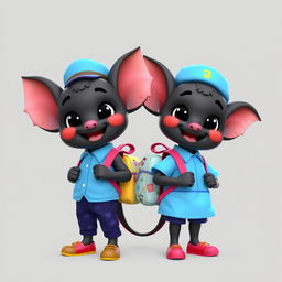 A 3D model of a cartoon black bat designed for children, wearing a colorful Indonesian elementary school uniform which includes a light blue shirt, dark blue trousers, and a matching school hat