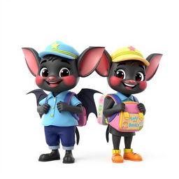A 3D model of a cartoon black bat designed for children, wearing a colorful Indonesian elementary school uniform which includes a light blue shirt, dark blue trousers, and a matching school hat