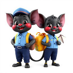 A 3D model of a cartoon black bat designed for children, wearing a colorful Indonesian elementary school uniform which includes a light blue shirt, dark blue trousers, and a matching school hat