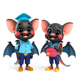 A 3D model of a cartoon black bat designed for children, wearing a colorful Indonesian elementary school uniform which includes a light blue shirt, dark blue trousers, and a matching school hat