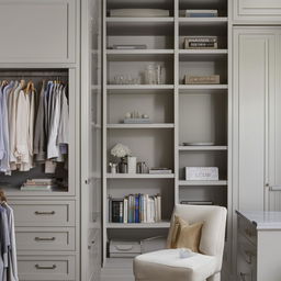 A panoramic view of an elegantly styled bedroom, complete with a large walk-in closet, a practical study table, and a sturdy small book rack brimming with an array of books.