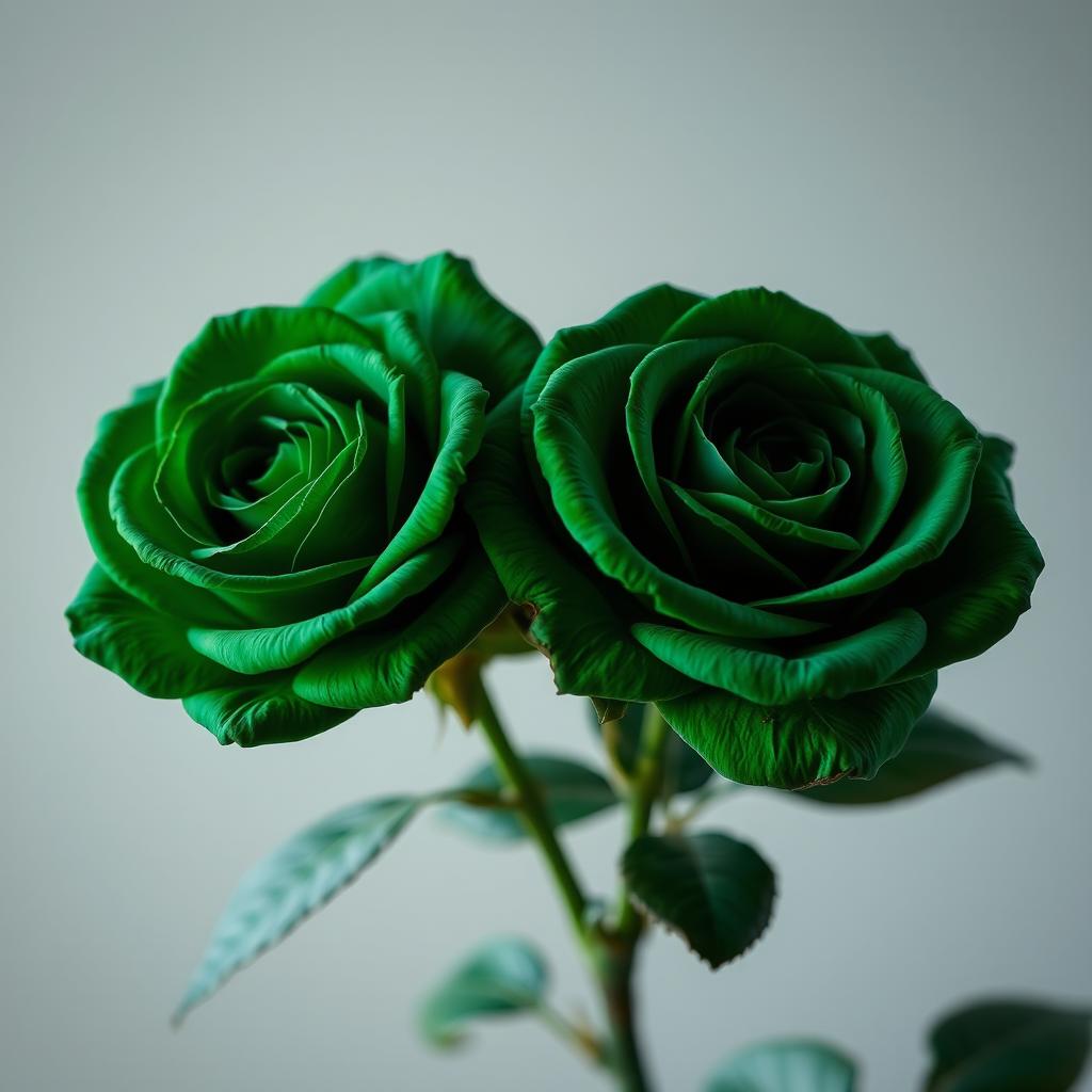 Two intense, bright, dark green roses blooming elegantly, showcasing their lush petals and vibrant color