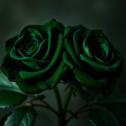 Two intense, bright, dark green roses blooming elegantly, showcasing their lush petals and vibrant color