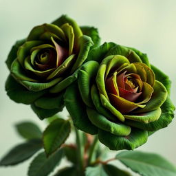 Two intense, bright, dark green roses blooming elegantly, showcasing their lush petals and vibrant color