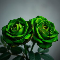 Two intense, bright, dark green roses blooming elegantly, showcasing their lush petals and vibrant color