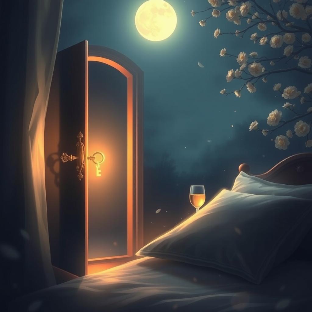 A romantic scene inspired by a poem, depicting a mystical night with soft, moonlit ambiance