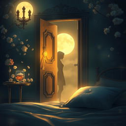 A romantic scene inspired by a poem, depicting a mystical night with soft, moonlit ambiance