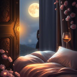 A romantic scene inspired by a poem, depicting a mystical night with soft, moonlit ambiance