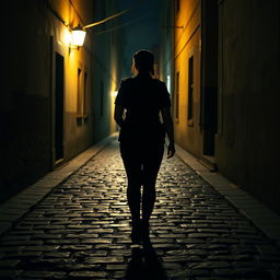 A scene capturing the rear view of a policewoman walking alone down a dark alley at night