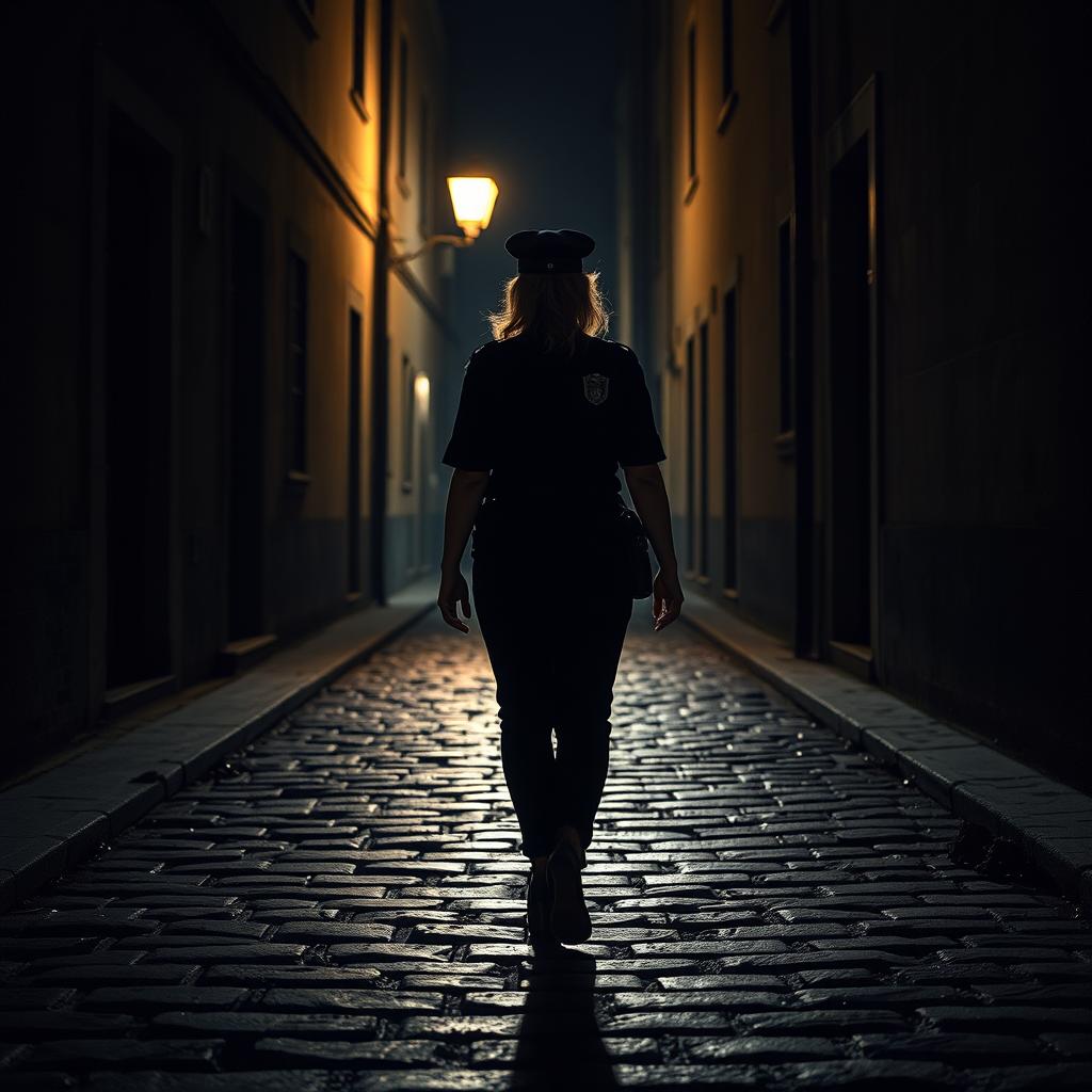 A scene capturing the rear view of a policewoman walking alone down a dark alley at night