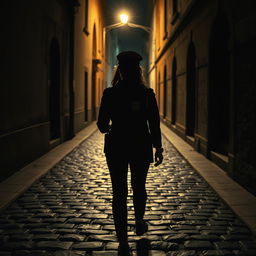 A scene capturing the rear view of a policewoman walking alone down a dark alley at night