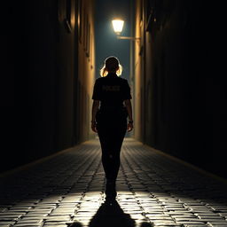 A scene capturing the rear view of a policewoman walking alone down a dark alley at night