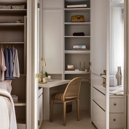 A panoramic view of an elegantly styled bedroom, complete with a large walk-in closet, a practical study table, and a sturdy small book rack brimming with an array of books.