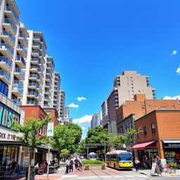 A vibrant urban neighborhood filled with a mix of modern high-rise apartments, trendy cafes with outdoor seating, and charming boutique shops showcasing unique local products