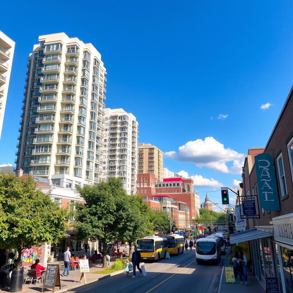 A vibrant urban neighborhood filled with a mix of modern high-rise apartments, trendy cafes with outdoor seating, and charming boutique shops showcasing unique local products