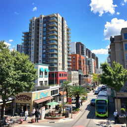 A vibrant urban neighborhood filled with a mix of modern high-rise apartments, trendy cafes with outdoor seating, and charming boutique shops showcasing unique local products
