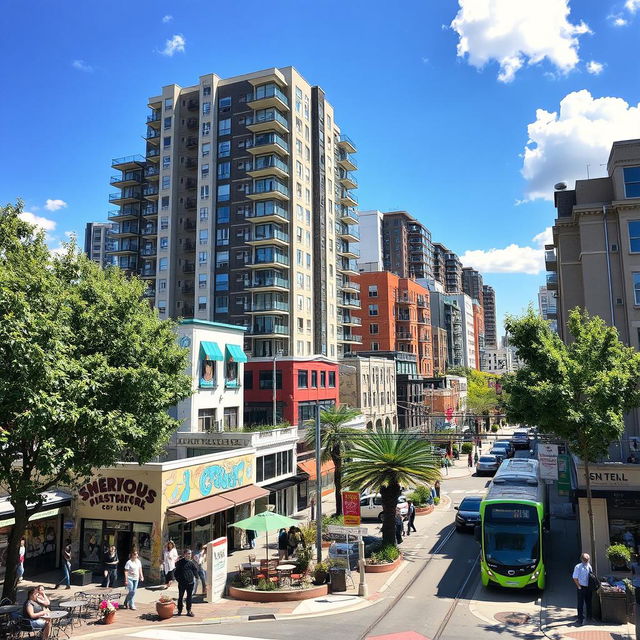 A vibrant urban neighborhood filled with a mix of modern high-rise apartments, trendy cafes with outdoor seating, and charming boutique shops showcasing unique local products