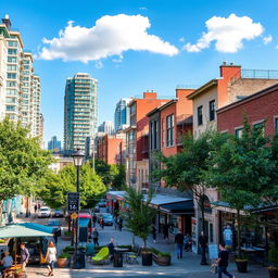 A vibrant urban neighborhood filled with a mix of modern high-rise apartments, trendy cafes with outdoor seating, and charming boutique shops showcasing unique local products