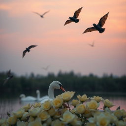 A serene and peaceful twilight scene, capturing the essence of a tranquil moment at dusk