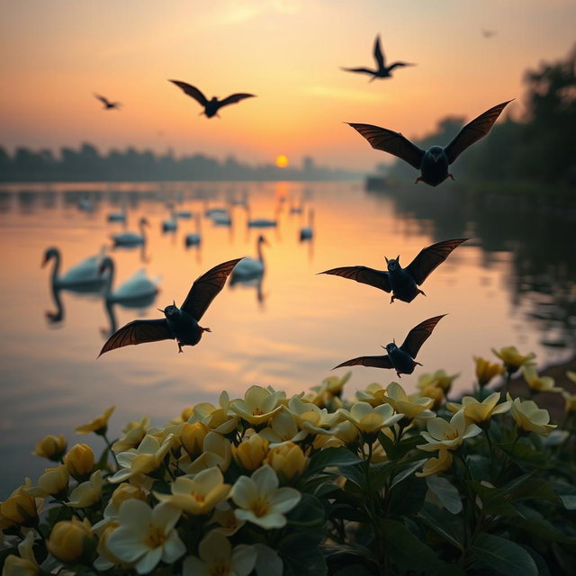 A serene and peaceful twilight scene, capturing the essence of a tranquil moment at dusk