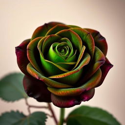 A vibrant, deep green rose, displaying lush petals with rich textures, set against a contrasting soft background