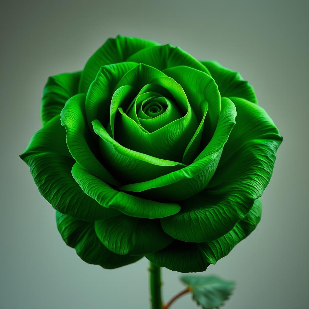 A vibrant, deep green rose, displaying lush petals with rich textures, set against a contrasting soft background